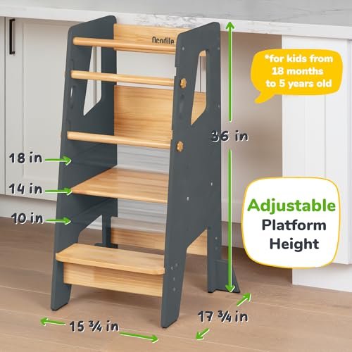 Toddler Standing Tower - Adjustable Height Toddler Kitchen Stool Helper - Ideal Kids Kitchen Step Stool for Learning New Skills - Updated Design with Safety Feet - Gray