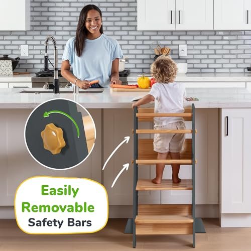 Toddler Standing Tower - Adjustable Height Toddler Kitchen Stool Helper - Ideal Kids Kitchen Step Stool for Learning New Skills - Updated Design with Safety Feet - Gray