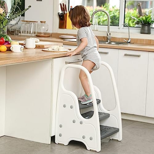 Toddler Step Stool for Bathroom Sink,Adjustable 3 Step Stool for Kids,Kitchen Standing Tower,Children Learning Helper Stool with Safety Handles and Non-Slip Pads,Grey