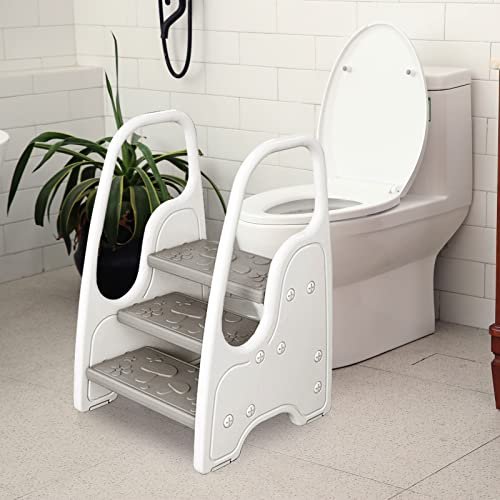 Toddler Step Stool for Bathroom Sink,Adjustable 3 Step Stool for Kids,Kitchen Standing Tower,Children Learning Helper Stool with Safety Handles and Non-Slip Pads,Grey