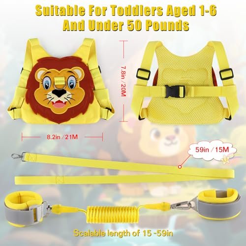 Toddlers Leash + Anti Lost Wrist Link Child Kids Safety Harness Kids Walking Wristband Assistant Strap Belt for Boys Pink Christmas Gift (Yellow)