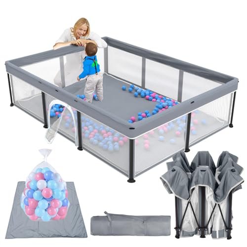 TOREVSIOR Foldable Baby Playpen with Mat, 50"×71" F oldable P laypen for Babies and Toddlers, Indoor & Outdoor Kids Safety Play Pen, Portable Play Yard, Foldable Baby Playpen with 50 Ocean Balls