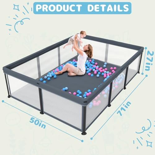 TOREVSIOR Foldable Baby Playpen with Mat, 50"×71" F oldable P laypen for Babies and Toddlers, Indoor & Outdoor Kids Safety Play Pen, Portable Play Yard, Foldable Baby Playpen with 50 Ocean Balls