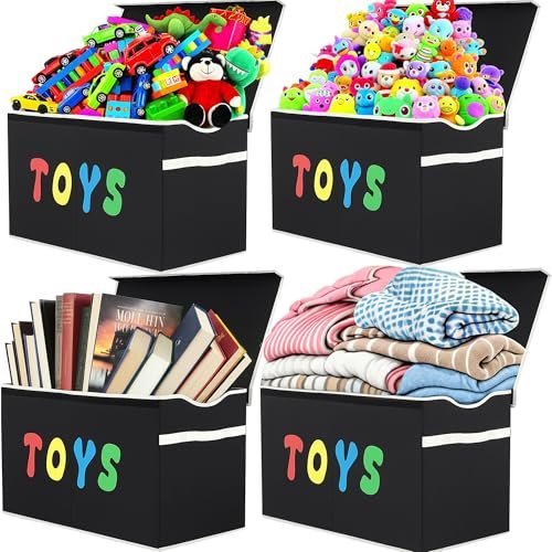 Toy Box Chest, Collapsible Sturdy Storage Bins with Lids, Extra Large Kids Toy Storage Organizer Boxes Bins Baskets for Kids, Boys, Girls, Nursery Room, Playroom, Closet (BLACK)