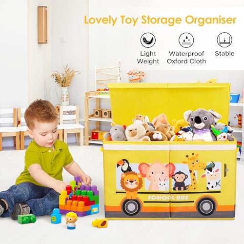 Toy Box Chest with Flip-Top Lid for Kids, Large Collapsible Oxford Toy Storage Box with Handles for Boys Girls, Waterproof Sturdy Dustproof Toy Box for Bedroom Playroom, 25.5×11.8×15.7 Inch