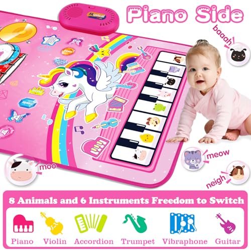 Toys for 1 Year Old Girl Gifts: Baby Music Mat Toddler Toys Age 1-2 - 3 in 1 Piano Drum Animal Touch Unicorn Toy - Infant Musical Toy 12-18 Months Babies Birthday Easter Gifts for 1 2 3 Year Old Girls