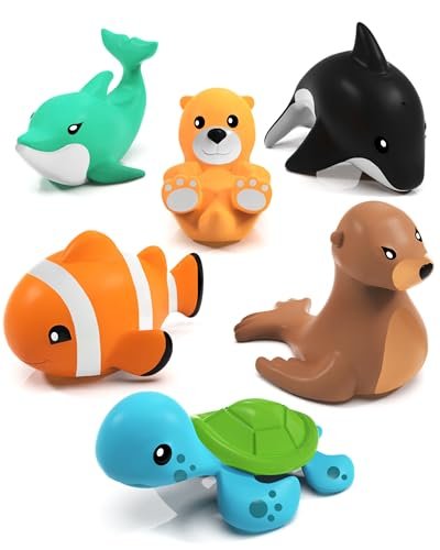Tub Works® Marine™ Mold Free Bath Toys, 6 Pack | Sealed, No Hole Bath Toys Design Keeps Moisture Out | Soft, Squeezable & Float on Water | Easy-Grip Baby & Toddler Bath Toy Set | Great Baby Pool Toys
