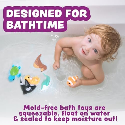 Tub Works® Marine™ Mold Free Bath Toys, 6 Pack | Sealed, No Hole Bath Toys Design Keeps Moisture Out | Soft, Squeezable & Float on Water | Easy-Grip Baby & Toddler Bath Toy Set | Great Baby Pool Toys