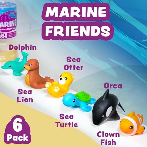Tub Works® Marine™ Mold Free Bath Toys, 6 Pack | Sealed, No Hole Bath Toys Design Keeps Moisture Out | Soft, Squeezable & Float on Water | Easy-Grip Baby & Toddler Bath Toy Set | Great Baby Pool Toys