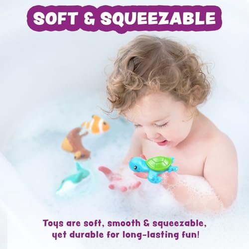 Tub Works® Marine™ Mold Free Bath Toys, 6 Pack | Sealed, No Hole Bath Toys Design Keeps Moisture Out | Soft, Squeezable & Float on Water | Easy-Grip Baby & Toddler Bath Toy Set | Great Baby Pool Toys
