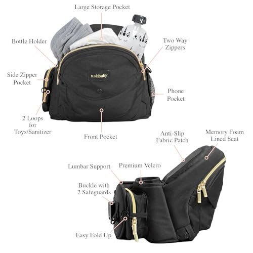 Tushbaby The Original Safety-Certified Hip Carrier for Babies & Toddlers: Machine Washable Child Waist Seat with Pocket Storage, As Seen on Shark Tank (23”-44” waist, 0-3 yrs up to 45lbs) – Black/Gold