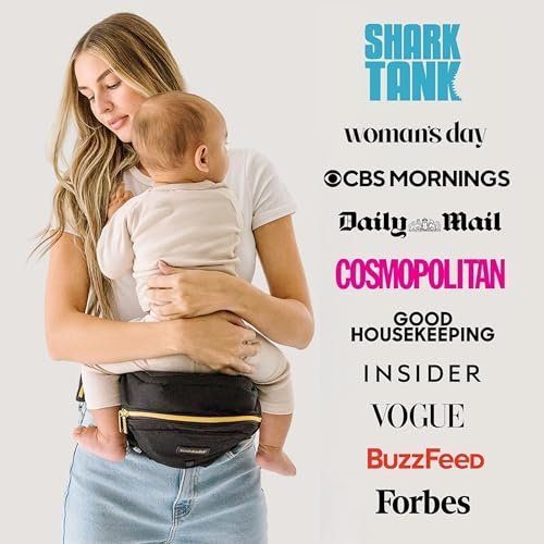 Tushbaby The Original Safety-Certified Hip Carrier for Babies & Toddlers: Machine Washable Child Waist Seat with Pocket Storage, As Seen on Shark Tank (23”-44” waist, 0-3 yrs up to 45lbs) – Black/Gold