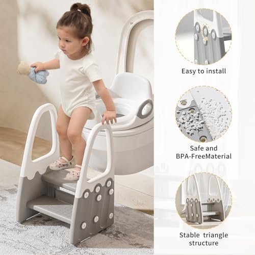 Two Step Stool with Handrails for Toddler and Kids, Standing Learning Stool Tower for Bathroom Sink, Potty Training, Children Step Up Learning Helper with Handles and Safety Non-Slip Pads(Gray)