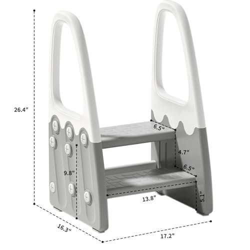 Two Step Stool with Handrails for Toddler and Kids, Standing Learning Stool Tower for Bathroom Sink, Potty Training, Children Step Up Learning Helper with Handles and Safety Non-Slip Pads(Gray)