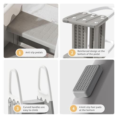 Two Step Stool with Handrails for Toddler and Kids, Standing Learning Stool Tower for Bathroom Sink, Potty Training, Children Step Up Learning Helper with Handles and Safety Non-Slip Pads(Gray)