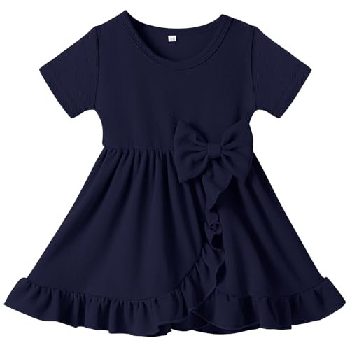 U·nikaka Baby Girls Short Sleeve Dress with Bow Crewneck Toddler Party Princess Dresses Casual Infant Girls Sundress Summer