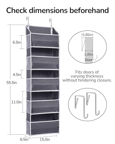 ULG 1 Pack Over Door Organizer with 5 Large Pockets 10 Mesh Side Pockets, 44 lbs Weight Capacity Hanging Storage Organizer with Clear Window Kids Toys, Shoes, Diapers, Dark Grey, 5 Layers