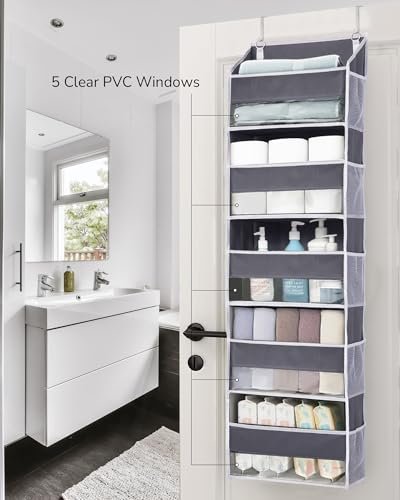 ULG 1 Pack Over Door Organizer with 5 Large Pockets 10 Mesh Side Pockets, 44 lbs Weight Capacity Hanging Storage Organizer with Clear Window Kids Toys, Shoes, Diapers, Dark Grey, 5 Layers