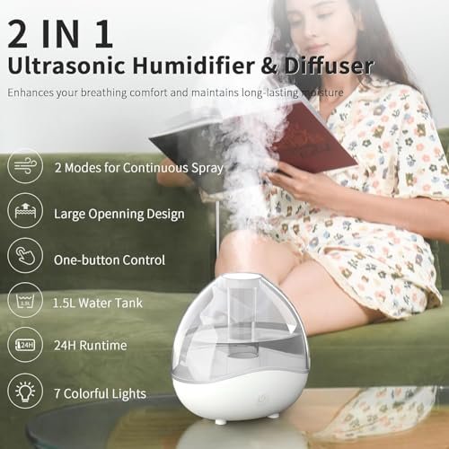 Ultrasonic Cool Mist Humidifier, Quiet Air Humidifiers for Bedroom, Desk Humidifiers Essential Oil Diffuser with Removable 1.5L Water Tank for Baby Nursery and Plants, Up To 24 Hours - White