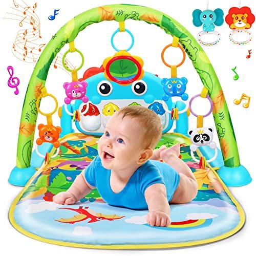 UMIKU Baby Gym Play Mats Baby Toys Tummy Time Mat Musical Activity Center for Newborn Infant Piano Babies Play Mat Music & Light Newborn Infant Gifts for Babies 0-3 6 9 12 Months Dinosaur Style