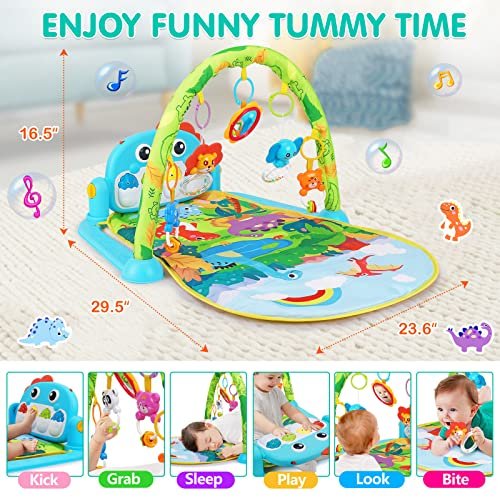 UMIKU Baby Gym Play Mats Baby Toys Tummy Time Mat Musical Activity Center for Newborn Infant Piano Babies Play Mat Music & Light Newborn Infant Gifts for Babies 0-3 6 9 12 Months Dinosaur Style