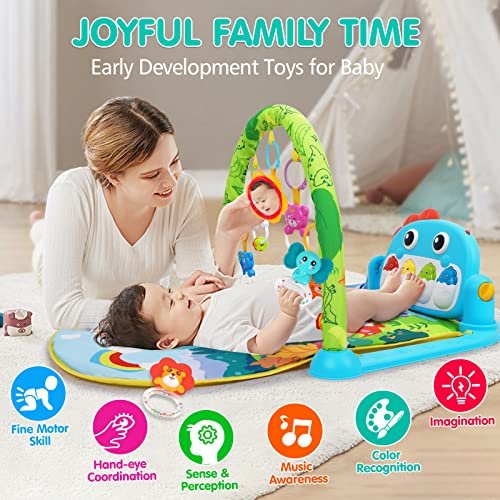 UMIKU Baby Gym Play Mats Baby Toys Tummy Time Mat Musical Activity Center for Newborn Infant Piano Babies Play Mat Music & Light Newborn Infant Gifts for Babies 0-3 6 9 12 Months Dinosaur Style