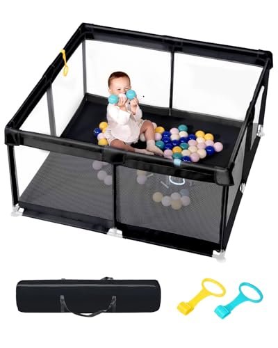 Upgraded Dearlomum Baby Playard, 50"x50" Baby Playpen with Gate, Anti-Slip Thick Base & Soft Mesh Sides, Indoor & Outdoor Activity Center for Toddlers (Black)