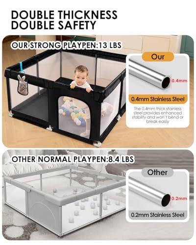 Upgraded Dearlomum Baby Playard, 50"x50" Baby Playpen with Gate, Anti-Slip Thick Base & Soft Mesh Sides, Indoor & Outdoor Activity Center for Toddlers (Black)