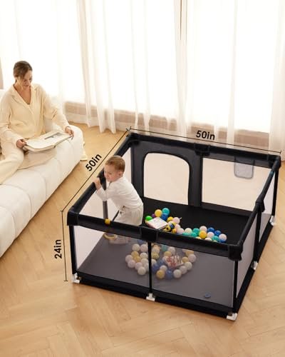 Upgraded Dearlomum Baby Playard, 50"x50" Baby Playpen with Gate, Anti-Slip Thick Base & Soft Mesh Sides, Indoor & Outdoor Activity Center for Toddlers (Black)