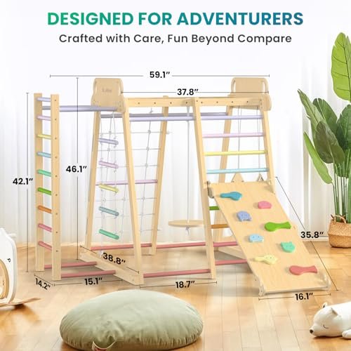 Upgraded Indoor Playground 9-in-1 Jungle Gym Kids Climbing Toys, Montessori Philosophy Waldorf Style Wooden Climber Playset with Slide, Swing, Monkey Bars, Upright/Rope Ladder, Climb Net, Rainbow
