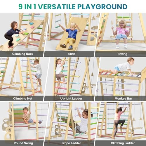 Upgraded Indoor Playground 9-in-1 Jungle Gym Kids Climbing Toys, Montessori Philosophy Waldorf Style Wooden Climber Playset with Slide, Swing, Monkey Bars, Upright/Rope Ladder, Climb Net, Rainbow
