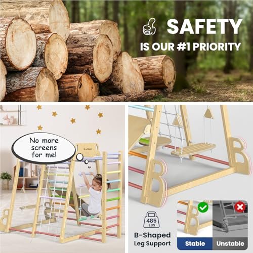 Upgraded Indoor Playground 9-in-1 Jungle Gym Kids Climbing Toys, Montessori Philosophy Waldorf Style Wooden Climber Playset with Slide, Swing, Monkey Bars, Upright/Rope Ladder, Climb Net, Rainbow