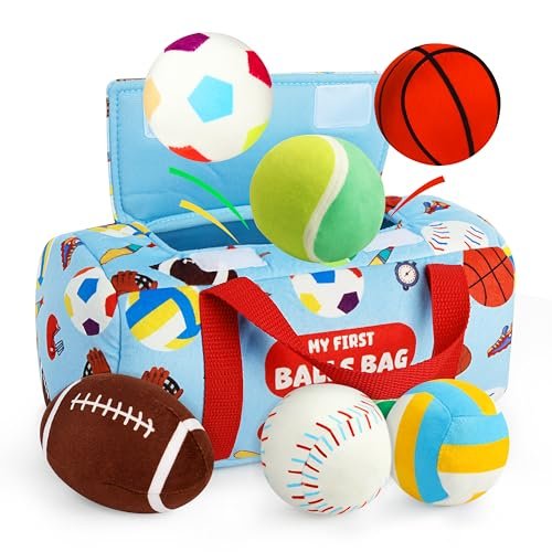 Vanmor Sensory Sports Balls for Babies 6-12M+, 6 Pack Machine Washable Plush Ball Set with Crinkle, Rattles, Squeaky Sounds, Toddler Learning Toys, Portable Travel Bag, Baby Shower Toy for Newborn