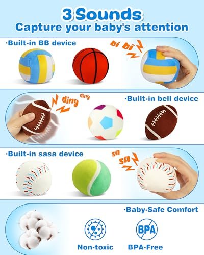 Vanmor Sensory Sports Balls for Babies 6-12M+, 6 Pack Machine Washable Plush Ball Set with Crinkle, Rattles, Squeaky Sounds, Toddler Learning Toys, Portable Travel Bag, Baby Shower Toy for Newborn