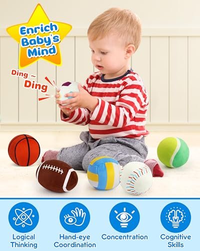 Vanmor Sensory Sports Balls for Babies 6-12M+, 6 Pack Machine Washable Plush Ball Set with Crinkle, Rattles, Squeaky Sounds, Toddler Learning Toys, Portable Travel Bag, Baby Shower Toy for Newborn