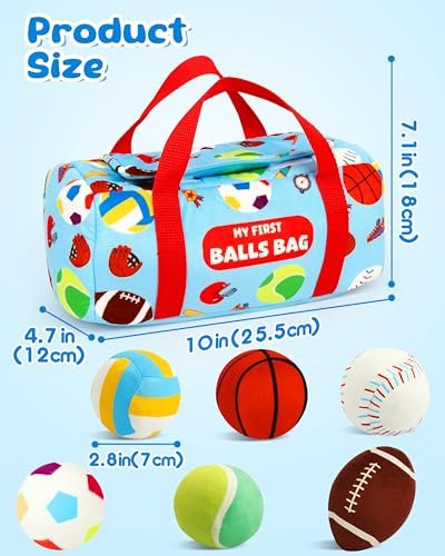 Vanmor Sensory Sports Balls for Babies 6-12M+, 6 Pack Machine Washable Plush Ball Set with Crinkle, Rattles, Squeaky Sounds, Toddler Learning Toys, Portable Travel Bag, Baby Shower Toy for Newborn