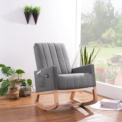 VECELO Rocking Chair Nursery, Modern Upholstered Glider Rocker with USB Port and Side Pocket, High Backrest Padded Seat Accent Armchair for Living Room, Nursery, Bedroom