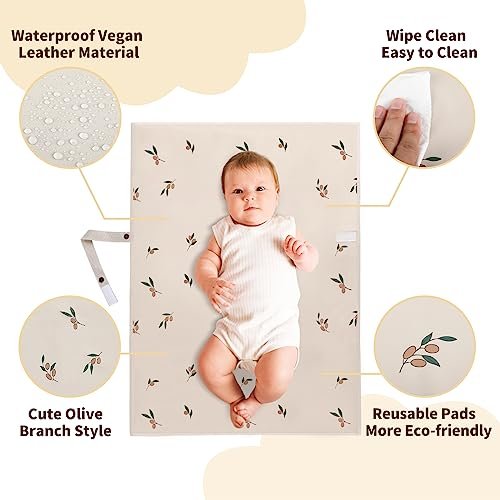 Vegan Leather Portable Changing Pad - Waterproof Compact Baby Changing Mat - Foldable Travel Diaper Changing Pad, Newborns Shower Gifts (Olive Branch with Strap, 20"*28")