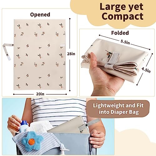 Vegan Leather Portable Changing Pad - Waterproof Compact Baby Changing Mat - Foldable Travel Diaper Changing Pad, Newborns Shower Gifts (Olive Branch with Strap, 20"*28")