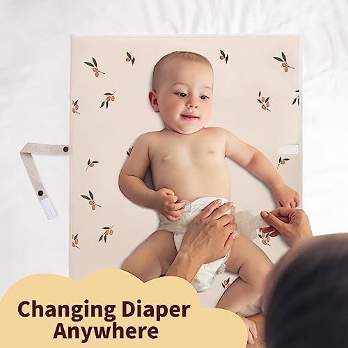 Vegan Leather Portable Changing Pad - Waterproof Compact Baby Changing Mat - Foldable Travel Diaper Changing Pad, Newborns Shower Gifts (Olive Branch with Strap, 20"*28")