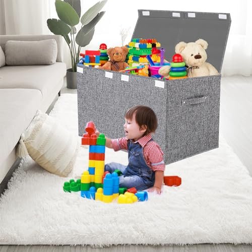 VERONLY Large Toy Box Chest Storage with Lid - Collapsible Kids Toys Boxes Organizer Bins Baskets with Handles for Boys,Girls,Nursery,Playroom,Clothes,Blanket,Bedroom( Gray)