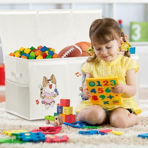 VERONLY Toy Box Chest Organizer Bins for Girls Boys, Kids Large Fabric Collapsible Storage Basket Container with Flip-Top Lid & Handles for Clothes,Blanket,Nursery,Playroom,Bedroom (Beige)