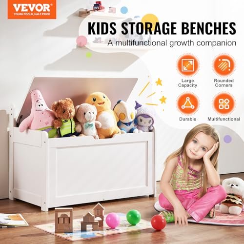 VEVOR Wooden Toy Chest for Kids, Toddler Toy Storage Box with Flip-Top Lid and Safety Hinge, 32.68 x 17.91 x 24.02 Large Kids Storage Bench for Playroom, Living Room or Entryway, White