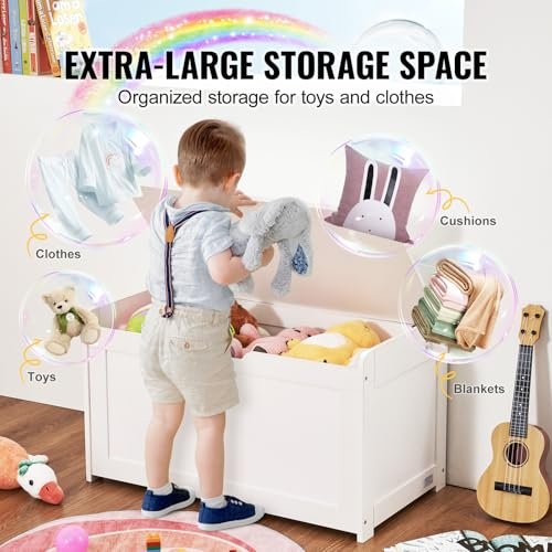 VEVOR Wooden Toy Chest for Kids, Toddler Toy Storage Box with Flip-Top Lid and Safety Hinge, 32.68 x 17.91 x 24.02 Large Kids Storage Bench for Playroom, Living Room or Entryway, White