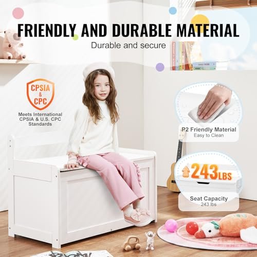 VEVOR Wooden Toy Chest for Kids, Toddler Toy Storage Box with Flip-Top Lid and Safety Hinge, 32.68 x 17.91 x 24.02 Large Kids Storage Bench for Playroom, Living Room or Entryway, White