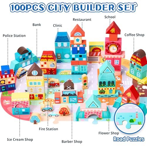 VigorFun 100 PCS Wooden Building Blocks Set - City Builder Stacking Toy with Storage Bag, Montessori Preschool Toys for Kids Toddlers Birthday Gifts Ages 3+