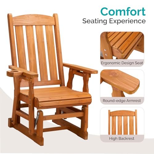 VINGLI Outdoor Glider Chair Wood Patio Glider with Cup Holder, Porch Glider with Smooth Rocking Mechanism, Heavy Duty 600 LBS