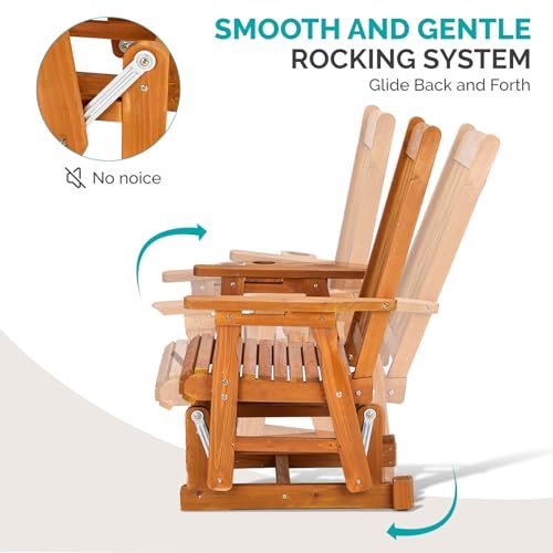 VINGLI Outdoor Glider Chair Wood Patio Glider with Cup Holder, Porch Glider with Smooth Rocking Mechanism, Heavy Duty 600 LBS