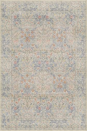 Washable Dining Room Rugs, 6x9 Area Rug for Living Room, Bedroom, Kids Playroom, Baby Nursery - Low Pile Non-Slip Lightweight - Oriental Vintage Design & Stain Resistance (6x9 Light Beige Blue)