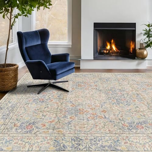 Washable Dining Room Rugs, 6x9 Area Rug for Living Room, Bedroom, Kids Playroom, Baby Nursery - Low Pile Non-Slip Lightweight - Oriental Vintage Design & Stain Resistance (6x9 Light Beige Blue)
